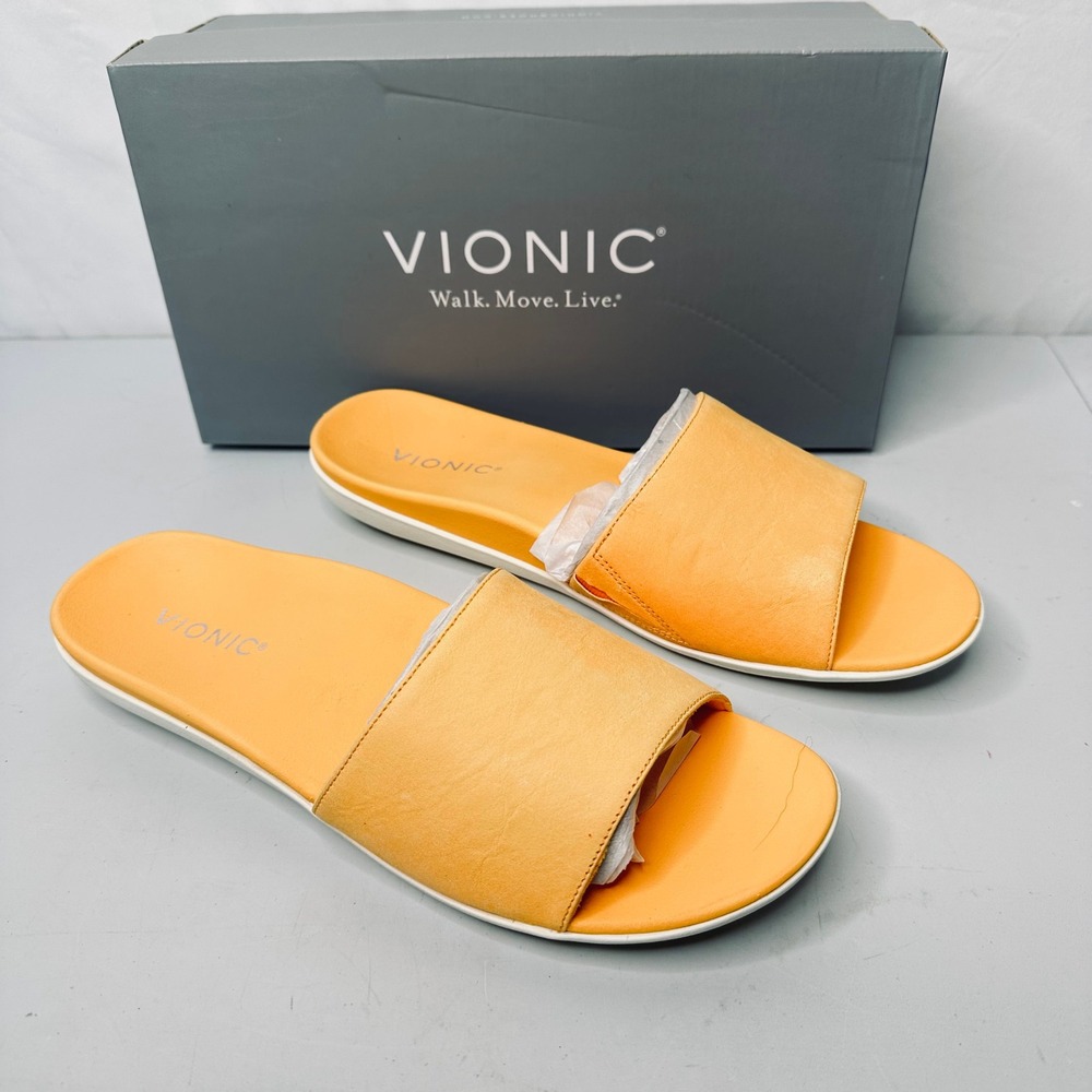 Vionic Val Slide Sandals Womens 9 Neon Apricot Nubuck Leather Orthotic Comfort